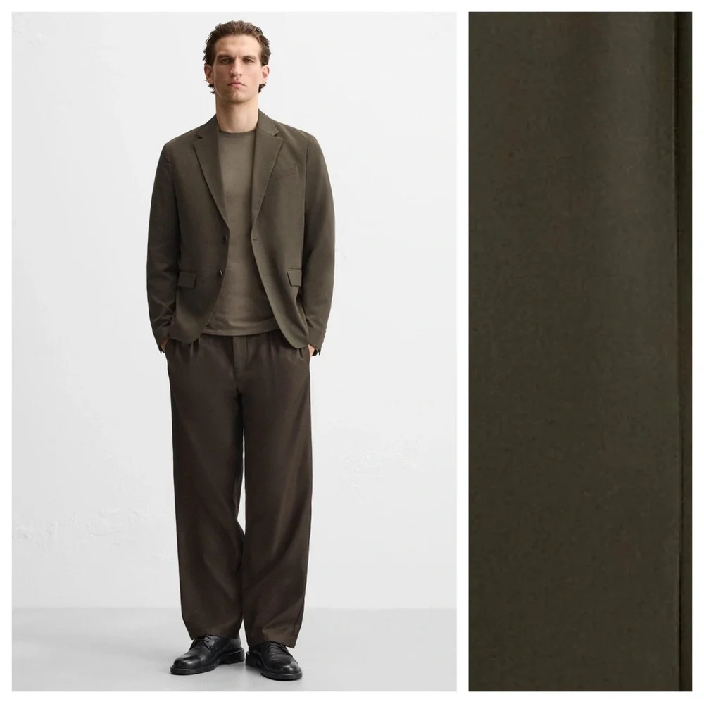 NWT. Zara Man Dark Khaki  Viscose Blend Slim Fit Suit Blazer.  Size L.